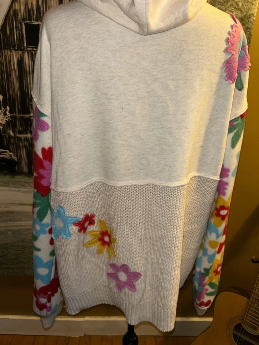 Upcycled Floral Patchwork Hooded Women's Top - Cream with Multicolor Flowers - Picture 3 of 4